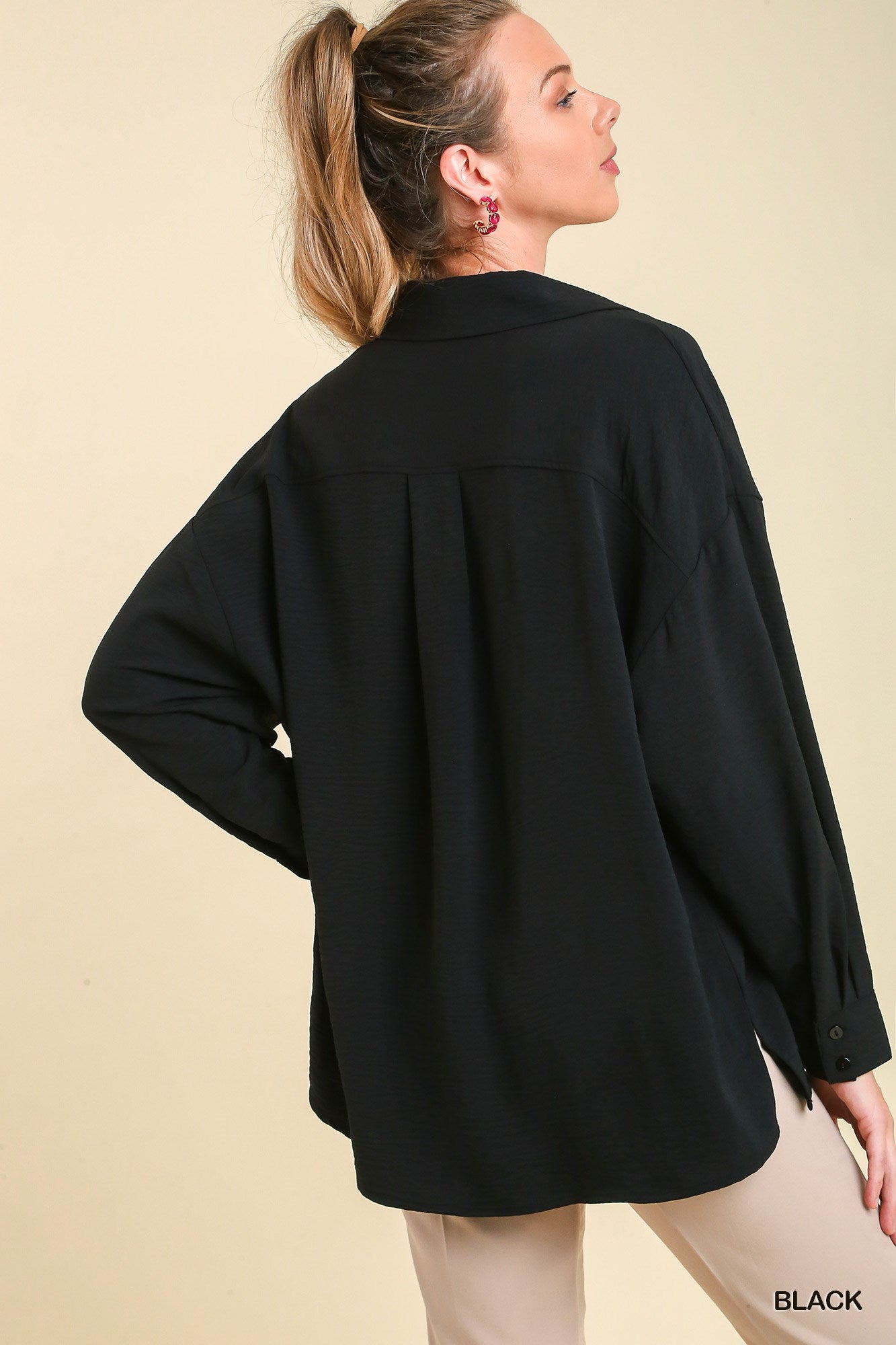 Umgee Texture Fabric Wide Placket Long Sleeve Cuffed Top