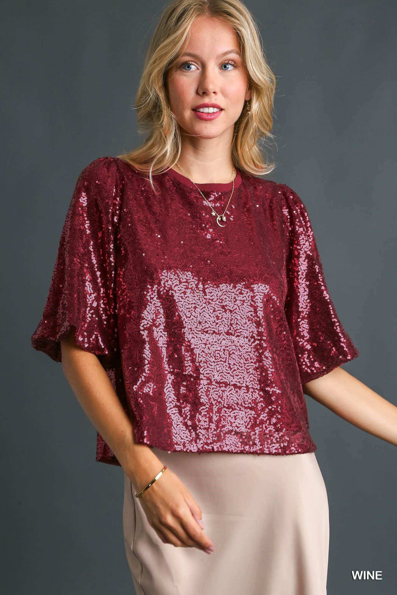 Umgee Sequin Short Puff Sleeve Back Tie Top - Roulhac Fashion Boutique