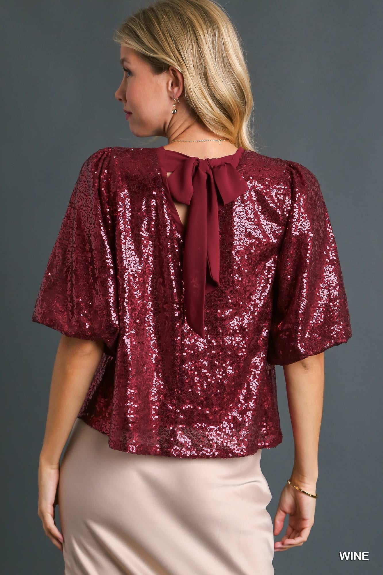 Umgee Sequin Short Puff Sleeve Back Tie Top - Roulhac Fashion Boutique