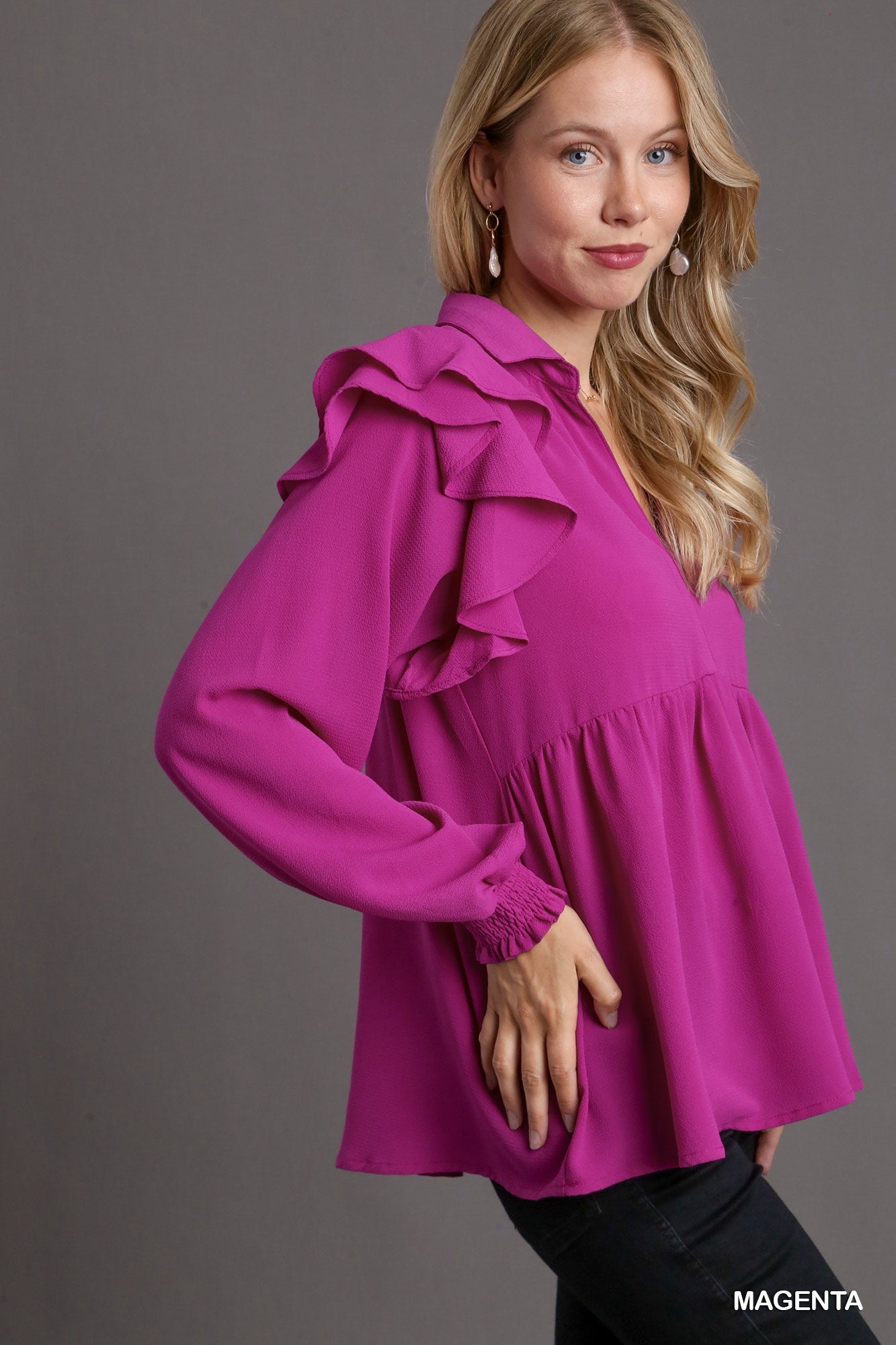 Umgee V-Neck Baby Doll Double Long Sleeve Ruffle Sleeve Top - Roulhac Fashion Boutique