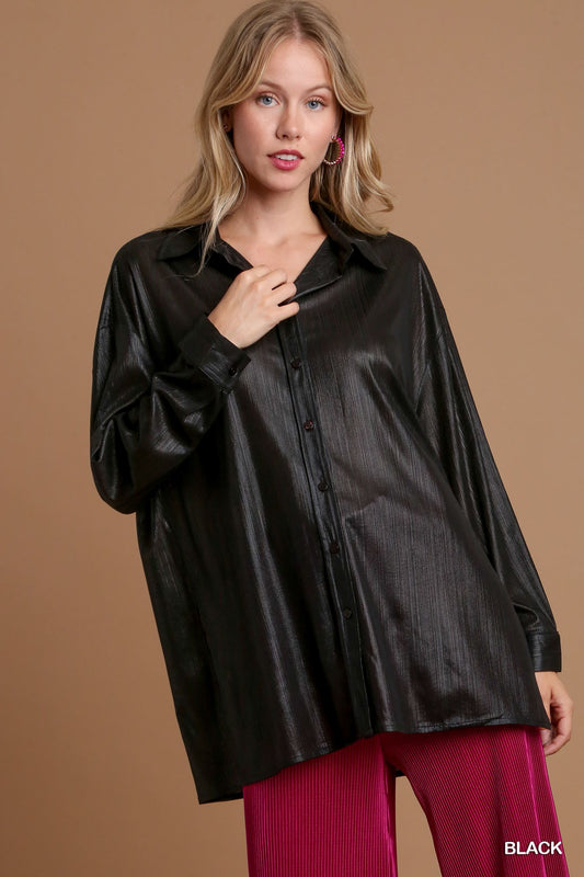 Umgee Metallic Button Up Collared Long Sleeve Side Slits Top - Roulhac Fashion Boutique