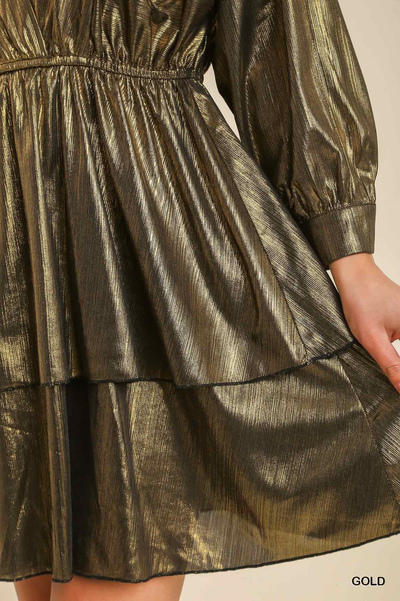 Umgee Metallic Tiered Elastic Waistband Dress - Roulhac Fashion Boutique