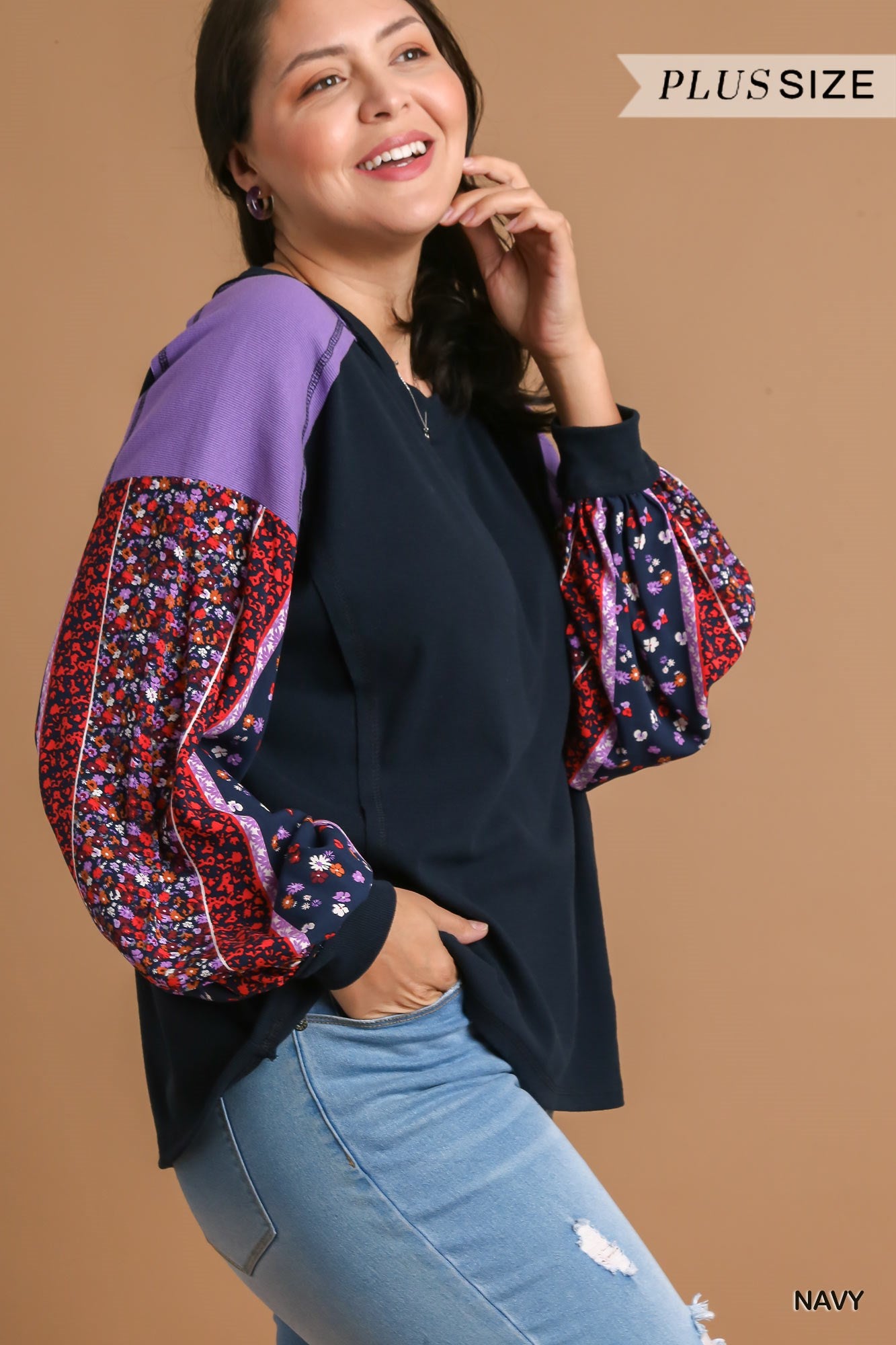 Umgee Plus Colorblock Contrast Knit Printed Sleeves Top