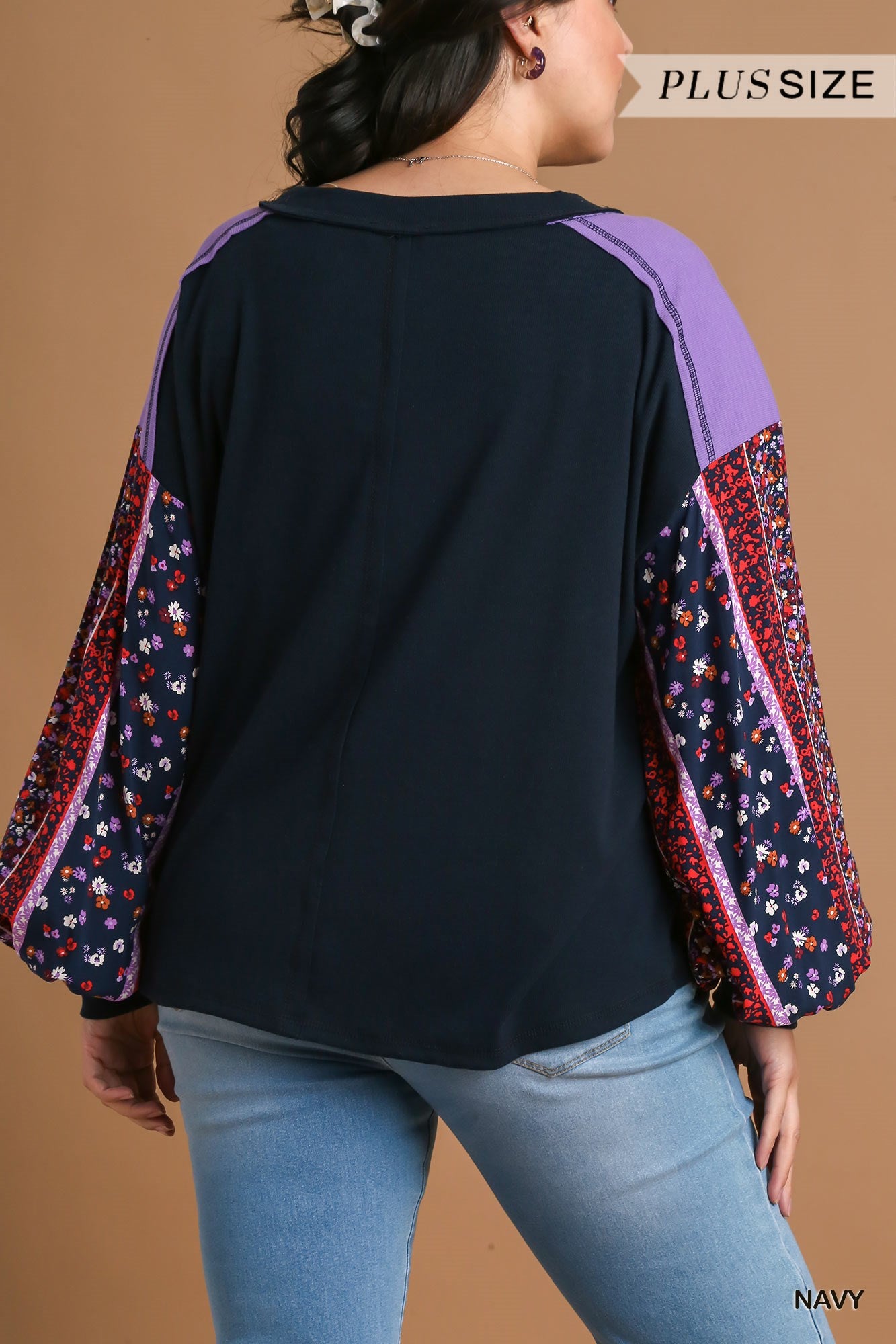 Umgee Plus Colorblock Contrast Knit Printed Sleeves Top