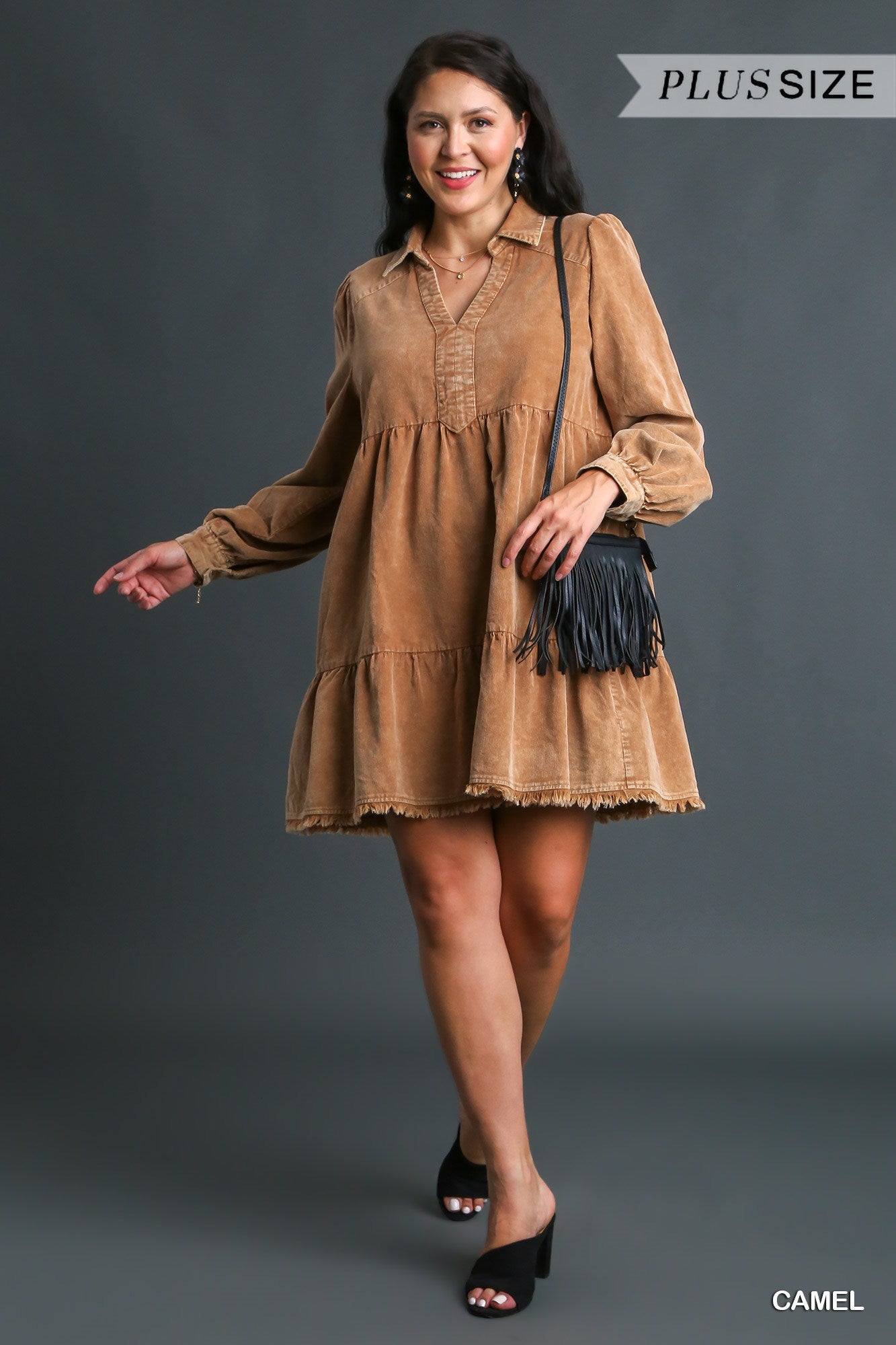 Umgee Plus Mineral Wash Corduroy Tiered Fringes Side Pocket Dress