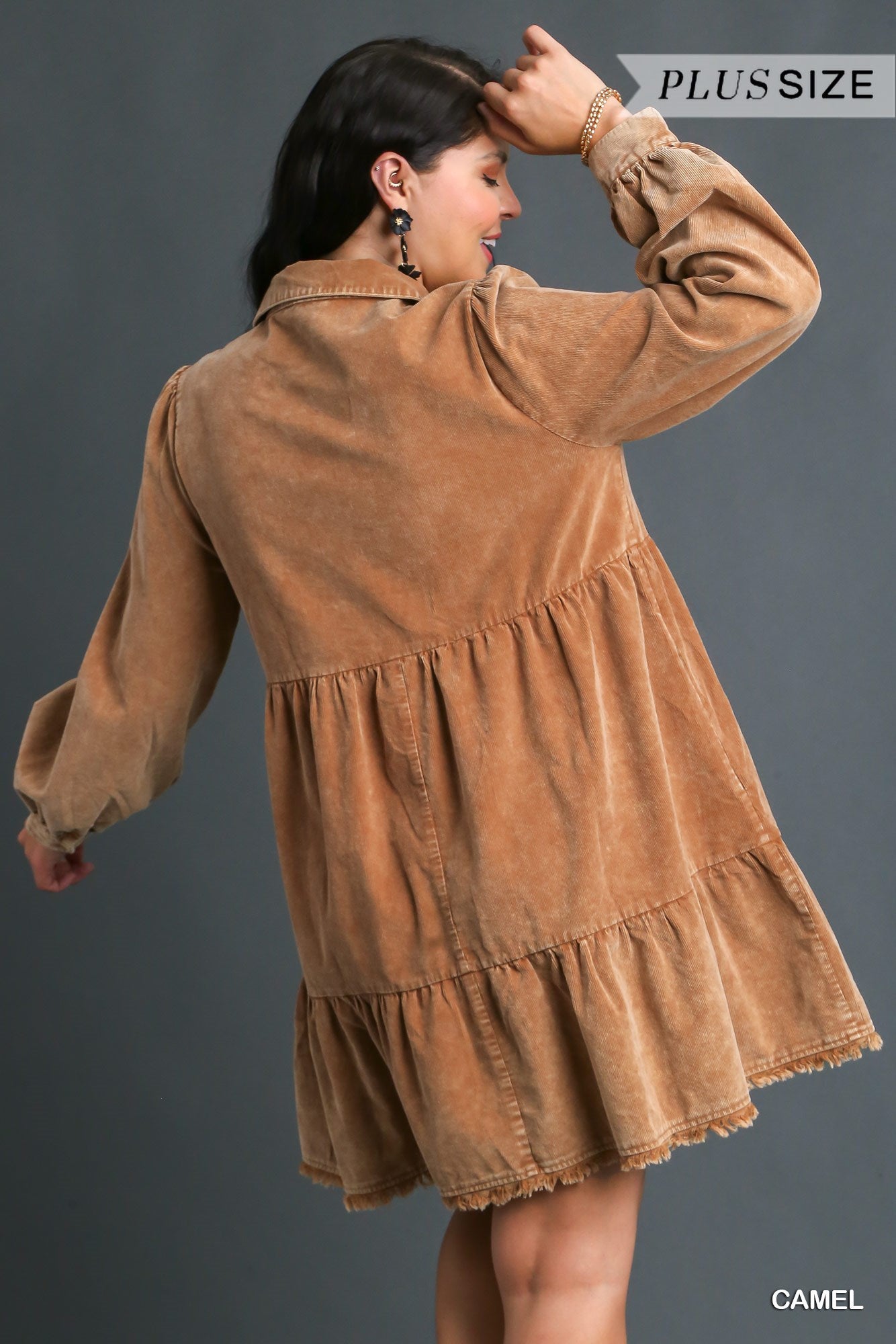 Umgee Plus Mineral Wash Corduroy Tiered Fringes Side Pocket Dress