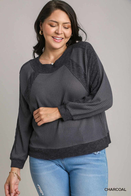 Umgee Plus Waffle Knit and Fleece Ribbing Top