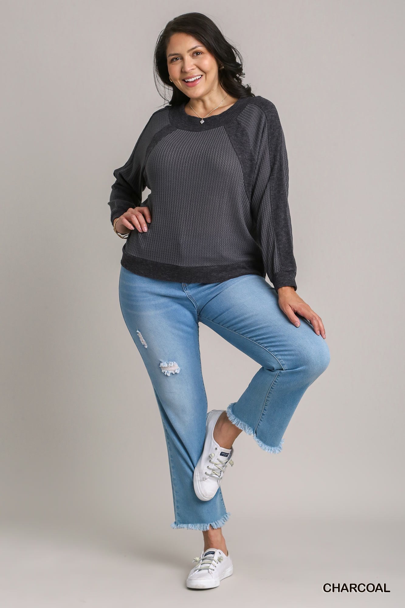 Umgee Plus Waffle Knit and Fleece Ribbing Top