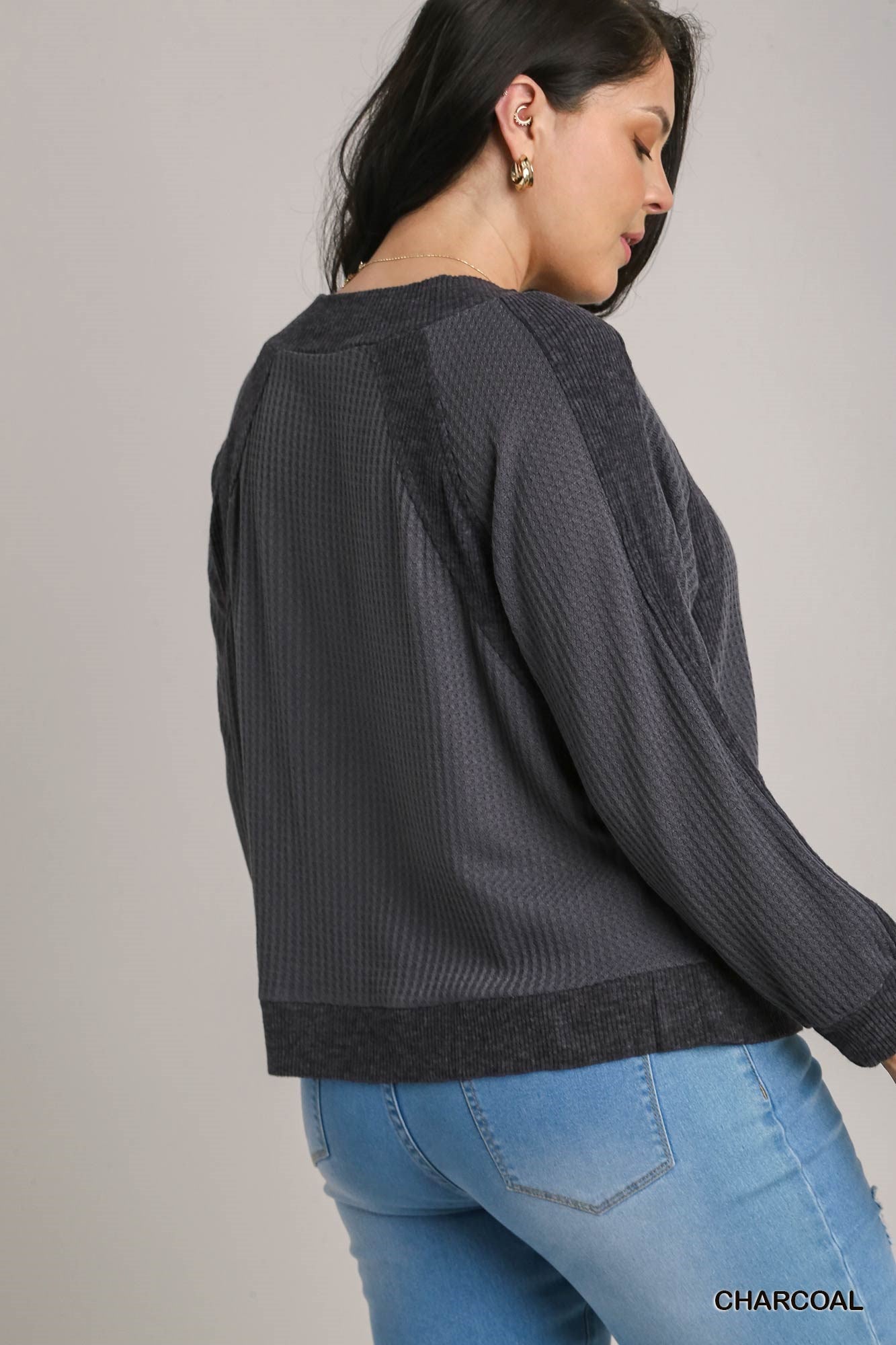 Umgee Plus Waffle Knit and Fleece Ribbing Top