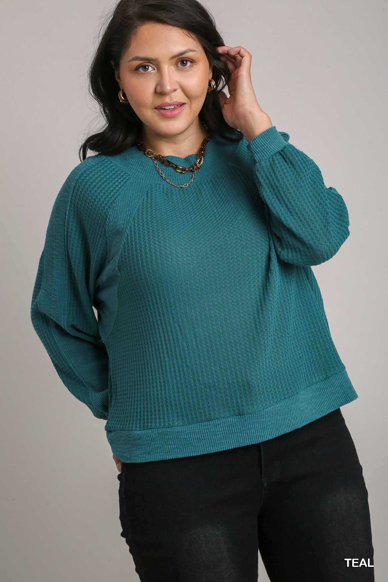 Umgee Plus Waffle Knit and Fleece Ribbing Top