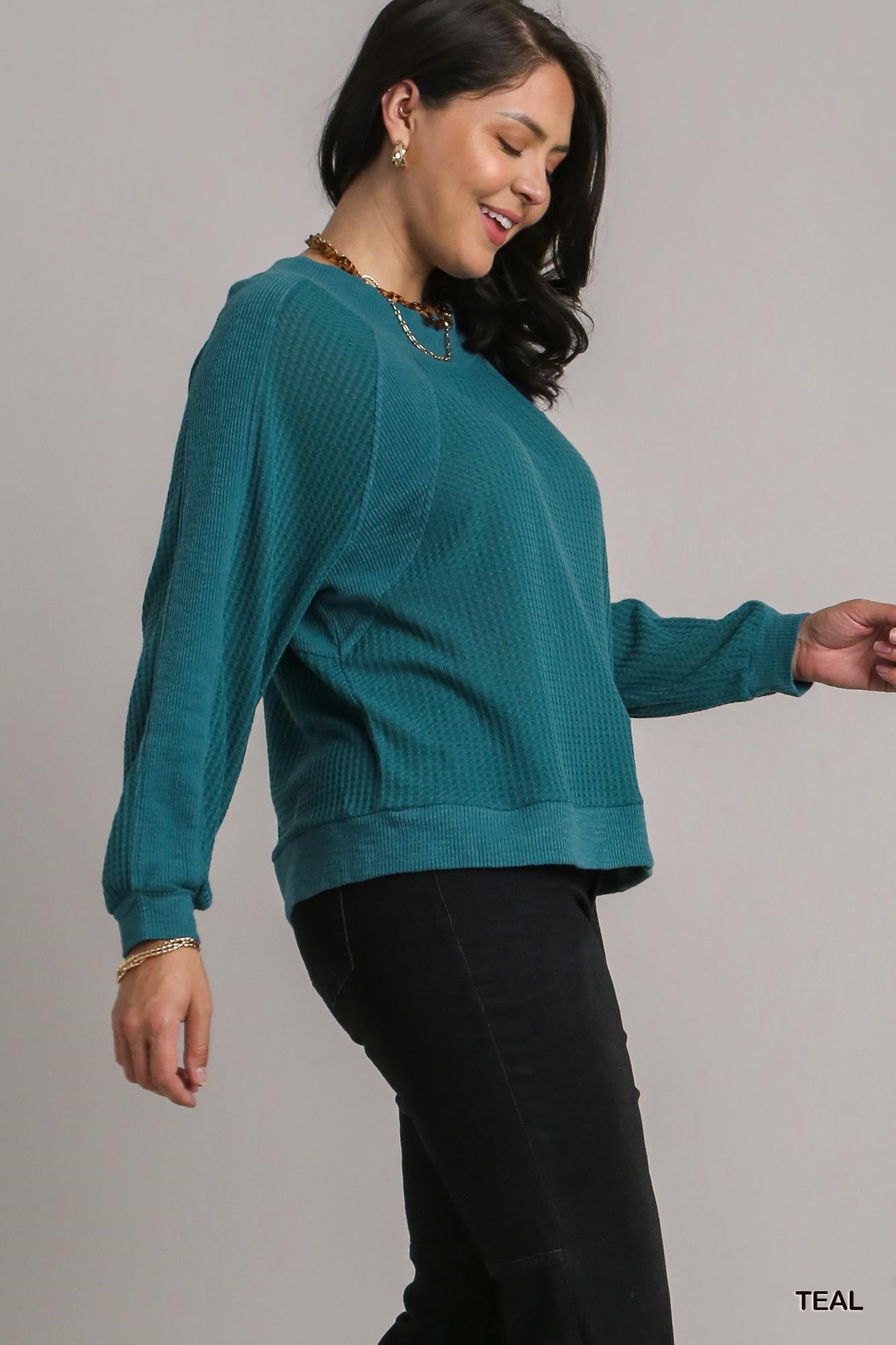 Umgee Plus Waffle Knit and Fleece Ribbing Top