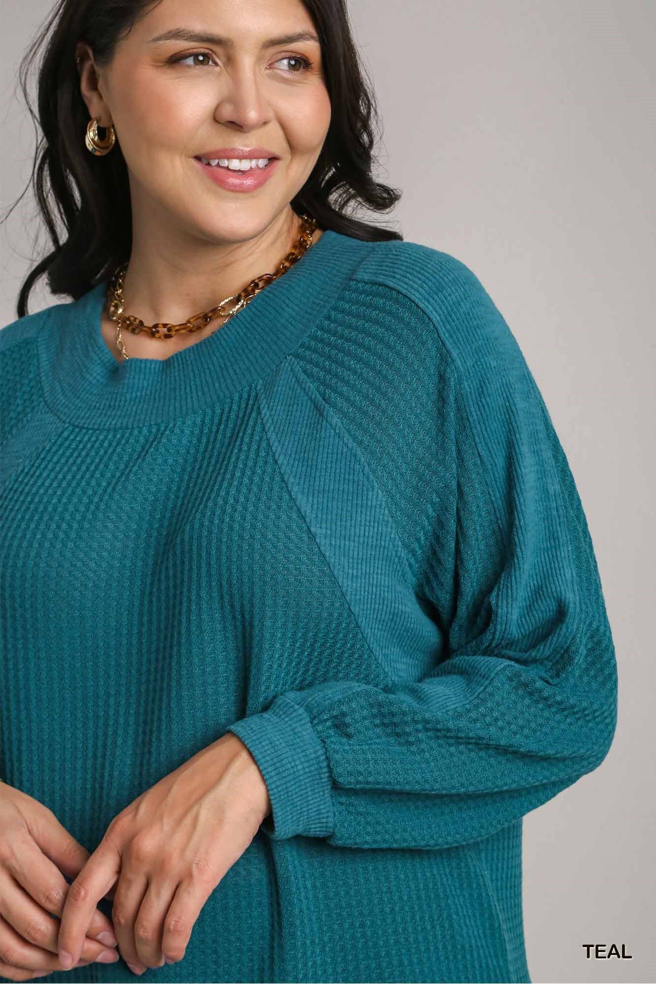 Umgee Plus Waffle Knit and Fleece Ribbing Top