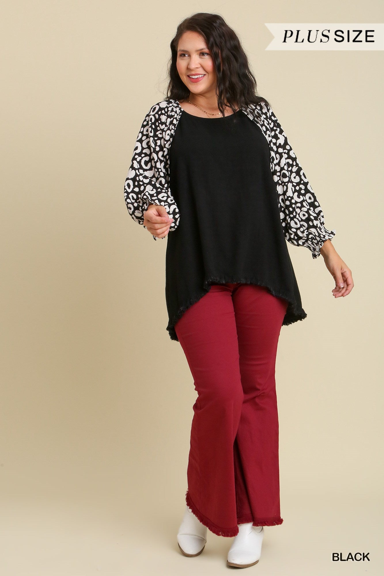 Umgee Plus Animal Print Sleeves Round Neck Frayed Hem Top