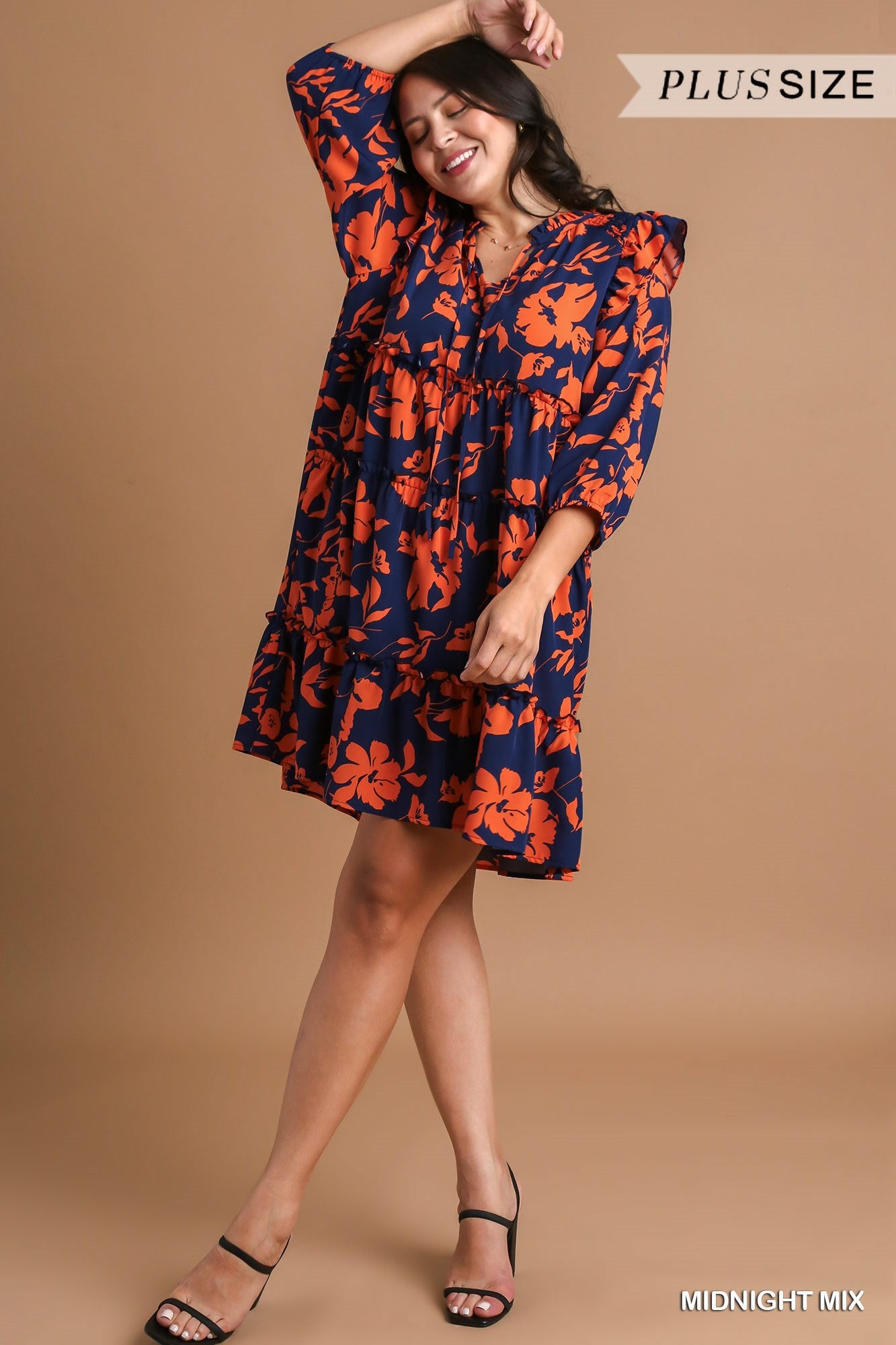 Umgee Plus Tiered Floral Print 3/4 Sleeve Ruffle Neck Tie Dress