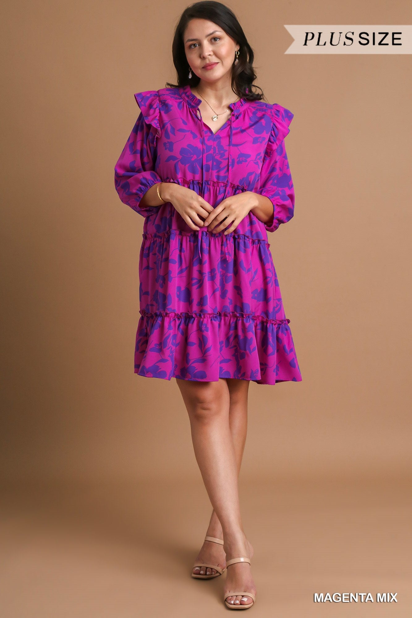 Umgee Plus Tiered Floral Print 3/4 Sleeve Ruffle Neck Tie Dress