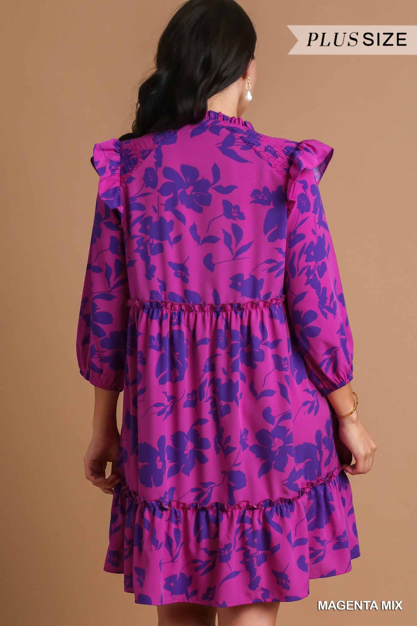 Umgee Plus Tiered Floral Print 3/4 Sleeve Ruffle Neck Tie Dress