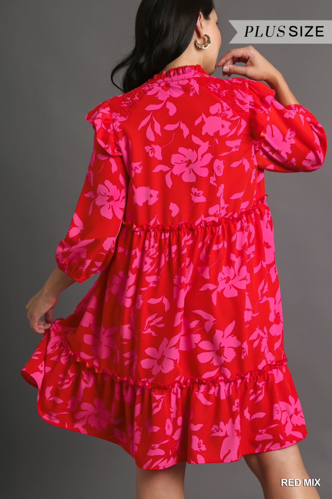Umgee Plus Tiered Floral Print 3/4 Sleeve Ruffle Neck Tie Dress