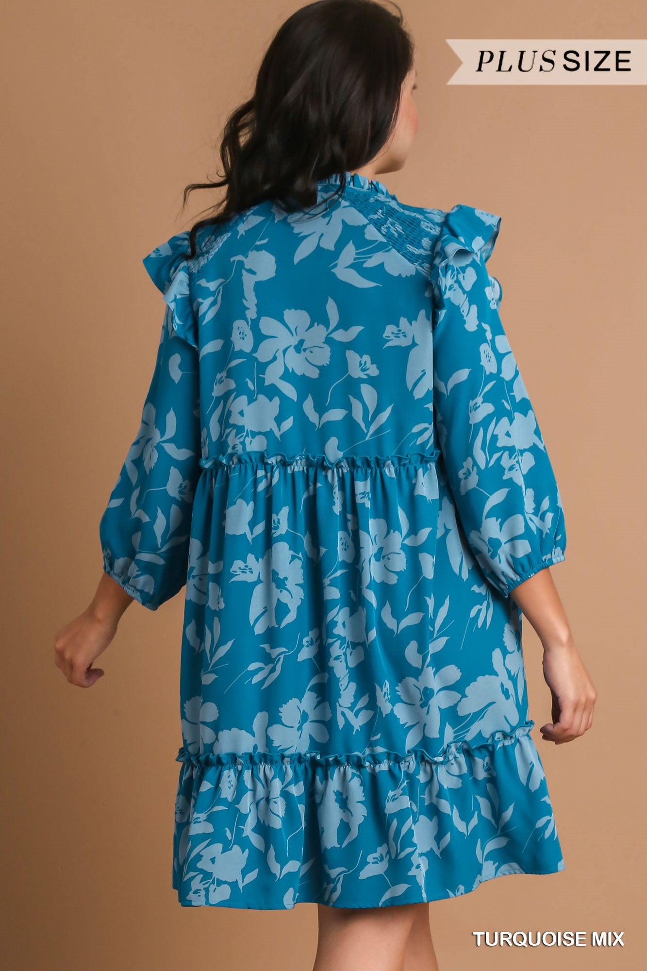 Umgee Plus Tiered Floral Print 3/4 Sleeve Ruffle Neck Tie Dress