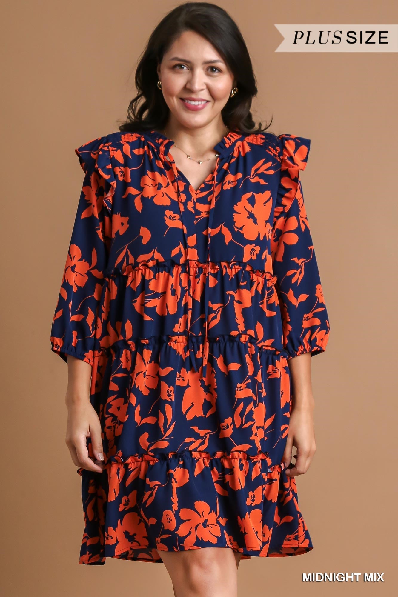 Umgee Plus Tiered Floral Print 3/4 Sleeve Ruffle Neck Tie Dress