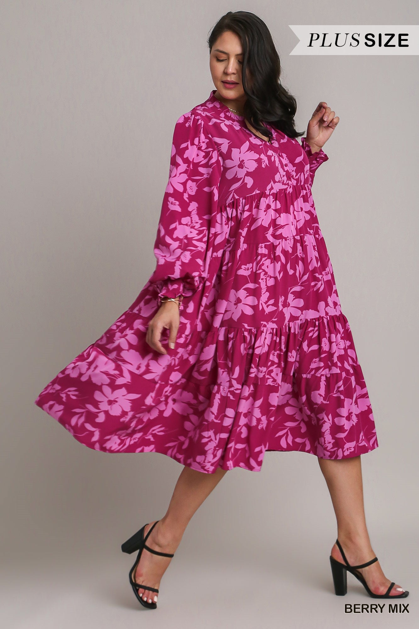 Umgee Plus Floral Print Ruffle V-Neck Tiered Midi Dress