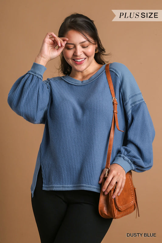 Umgee Plus Waffle & Rib Knit Contrast Long Sleeve Top