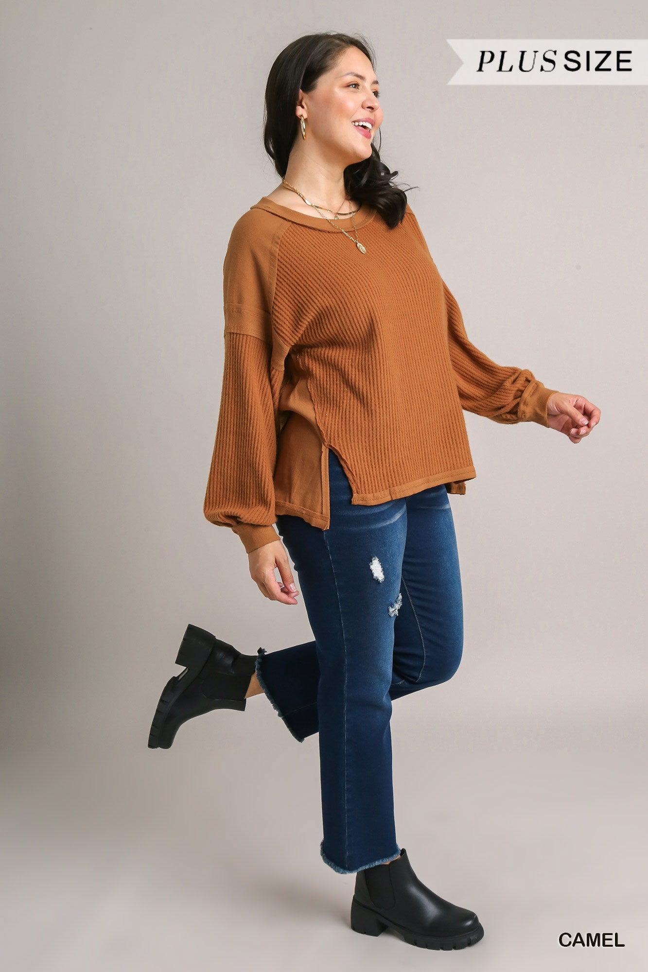 Umgee Plus Waffle & Rib Knit Contrast Long Sleeve Top