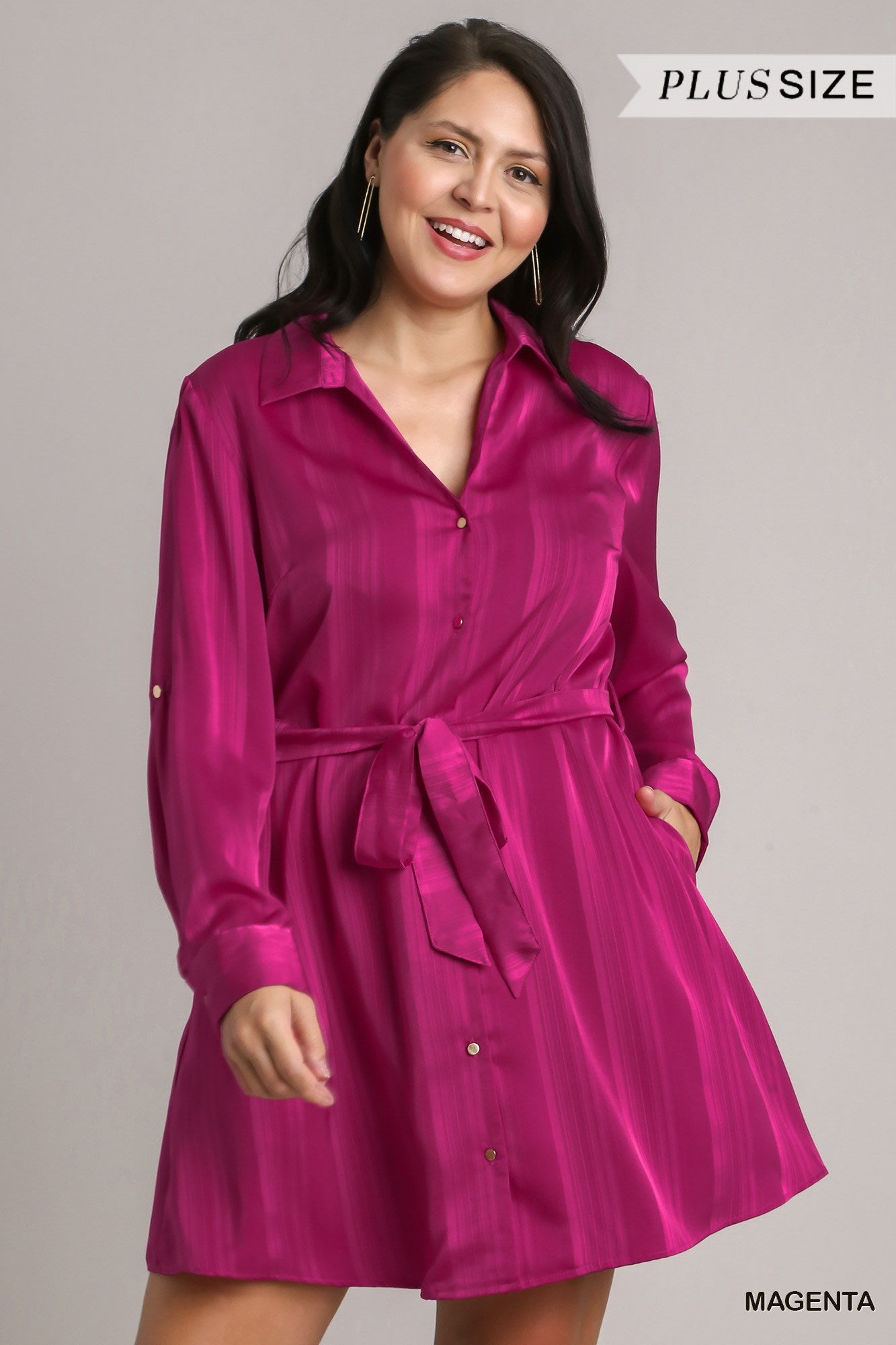 Umgee Plus Texture Satin Tie Collar Shirt Dress