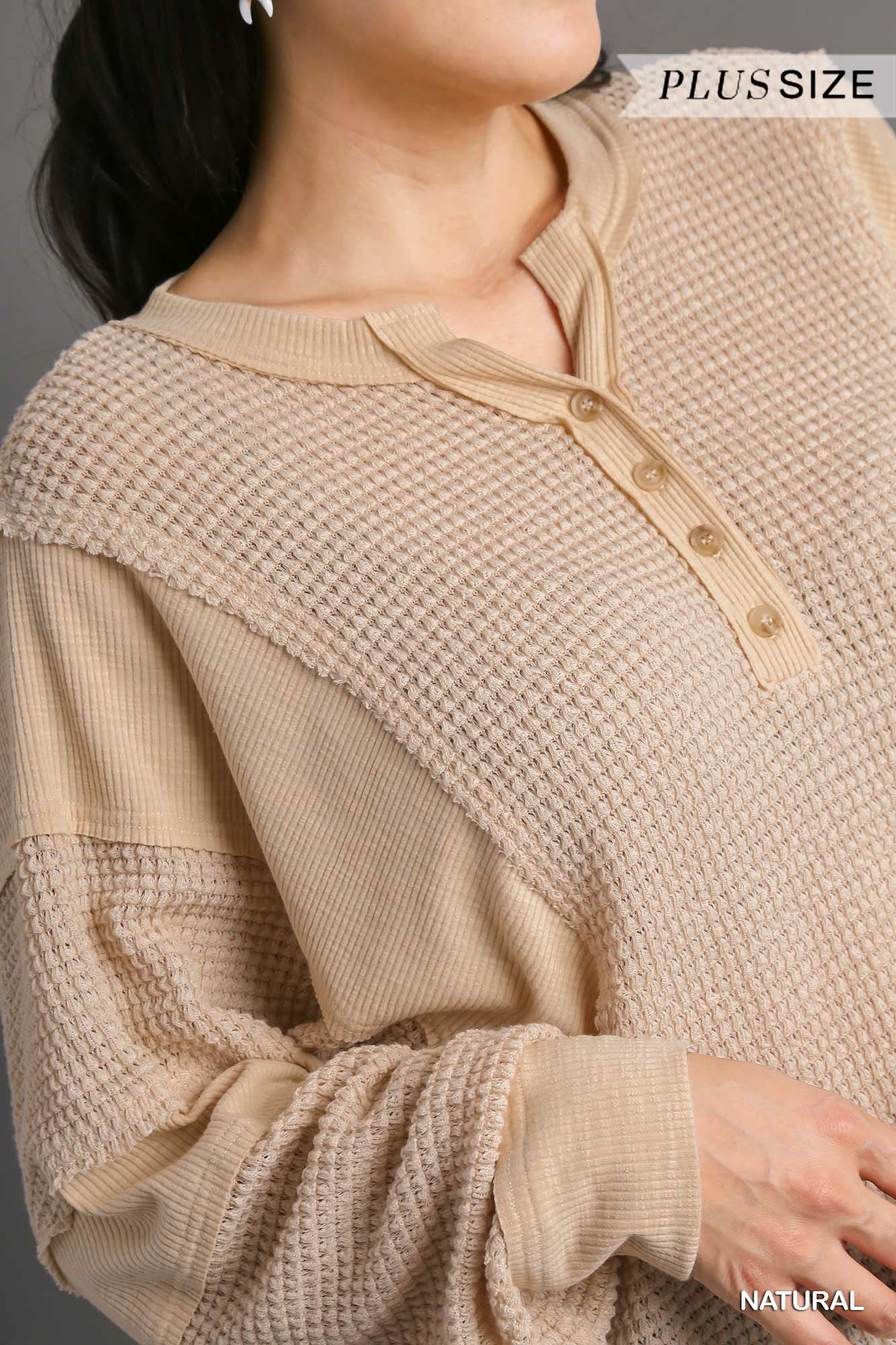 Umgee Plus Henley Waffle Knit Contrast Long Sleeve Top