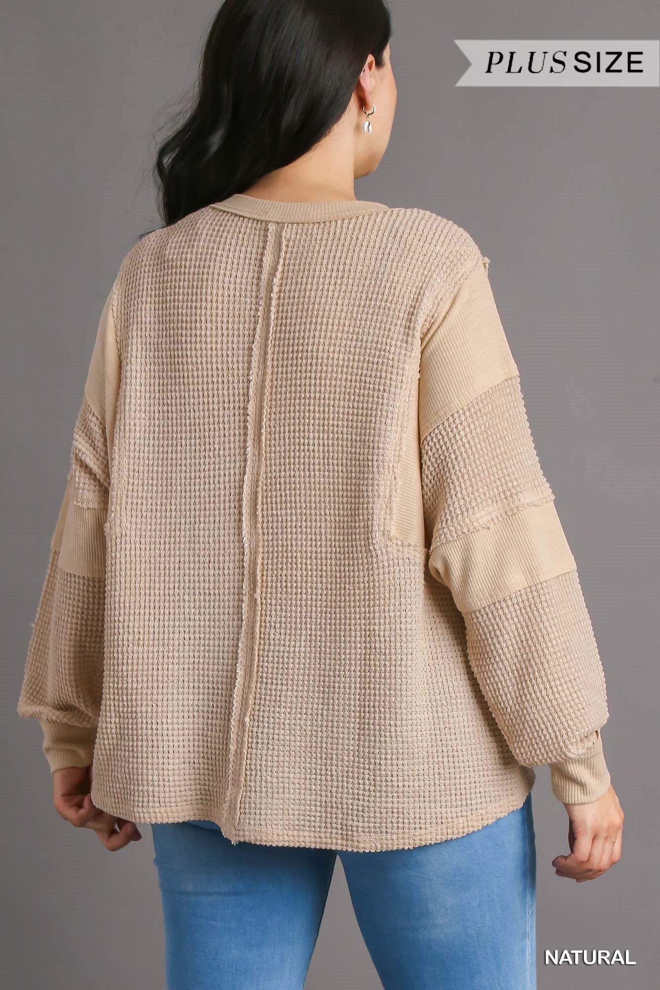 Umgee Plus Henley Waffle Knit Contrast Long Sleeve Top