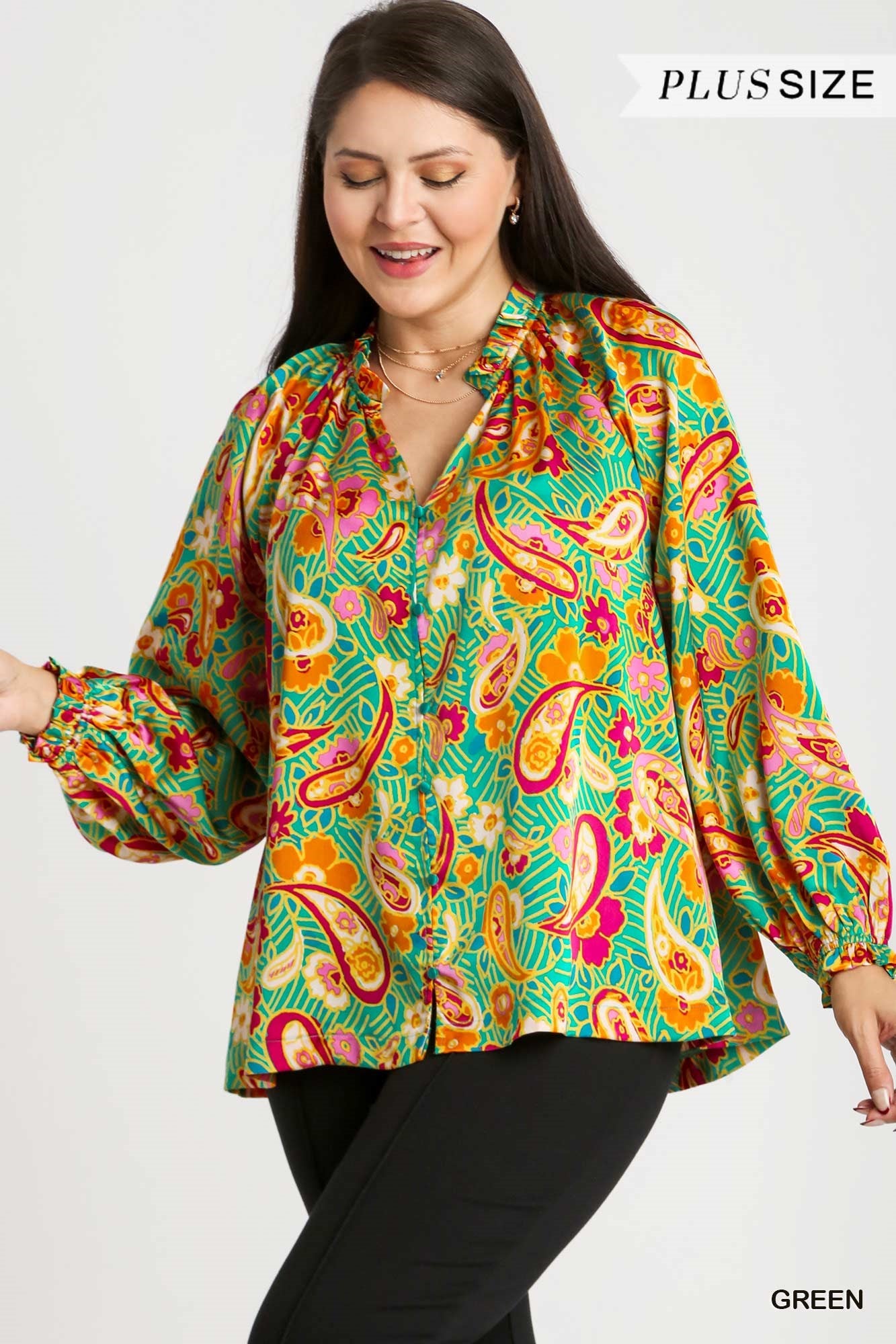 Umgee Plus Satin Paisley Ruffle Neck Tie Blouse Top