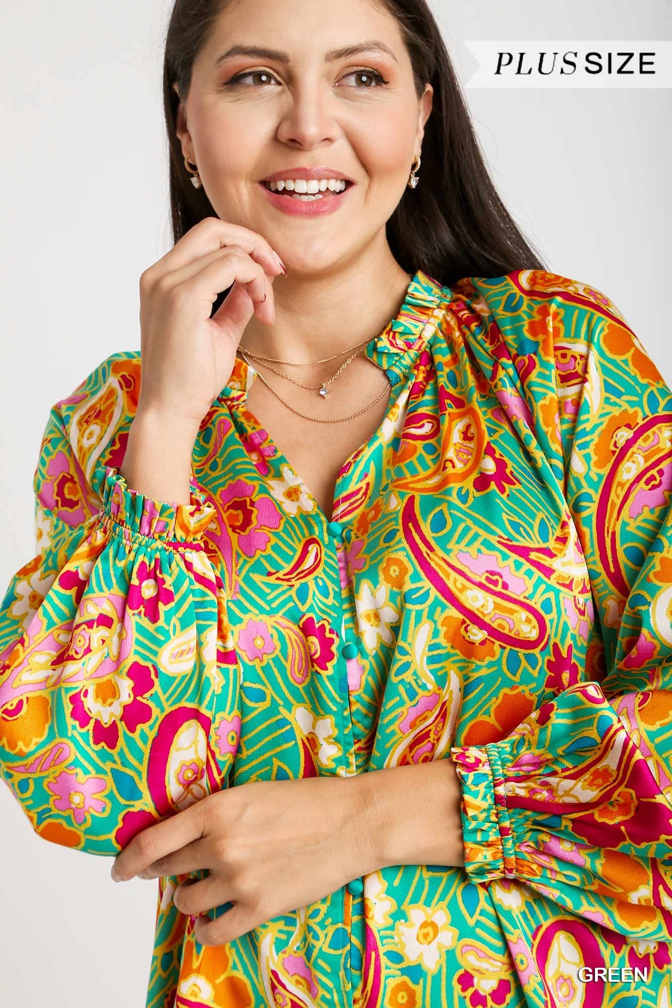 Umgee Plus Satin Paisley Ruffle Neck Tie Blouse Top