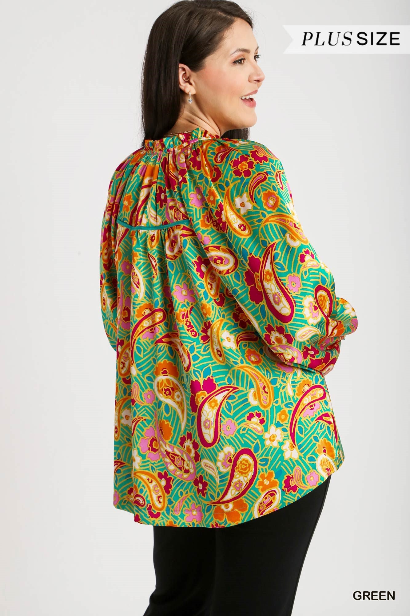 Umgee Plus Satin Paisley Ruffle Neck Tie Blouse Top