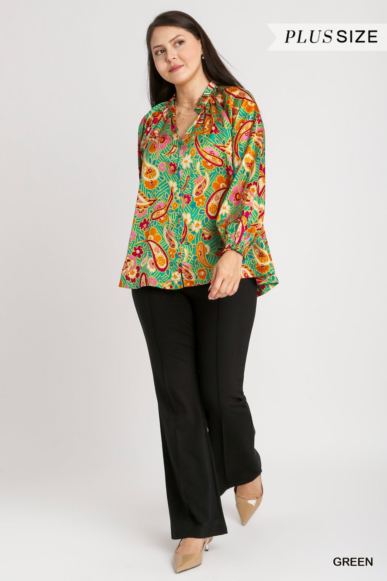 Umgee Plus Satin Paisley Ruffle Neck Tie Blouse Top