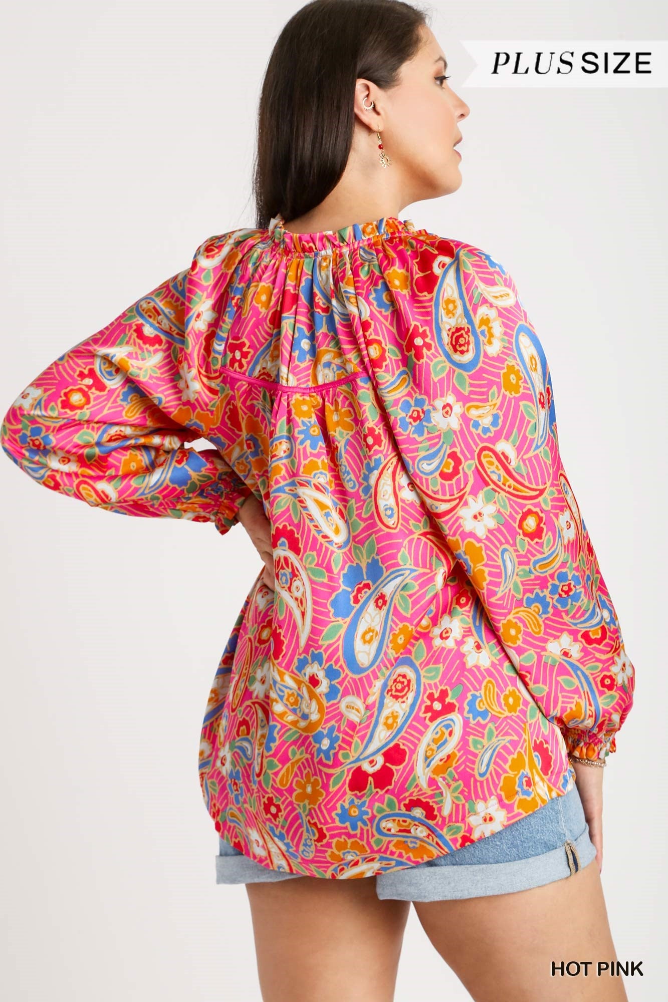 Umgee Plus Satin Paisley Ruffle Neck Tie Blouse Top