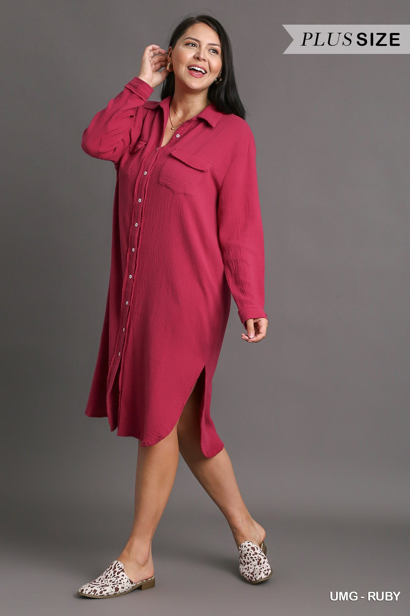 Umgee Plus Cotton Gauze Button Down Shirt Dress