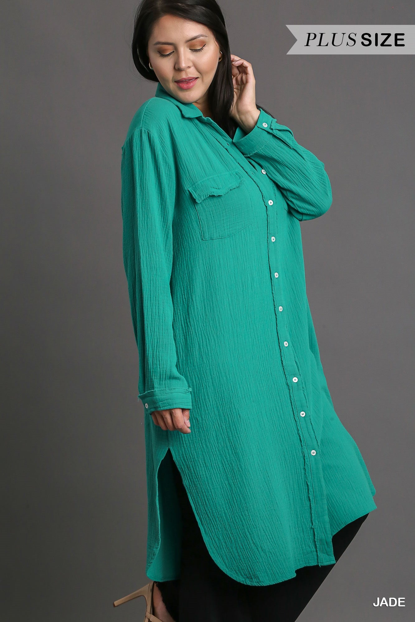 Umgee Plus Cotton Gauze Button Down Shirt Dress