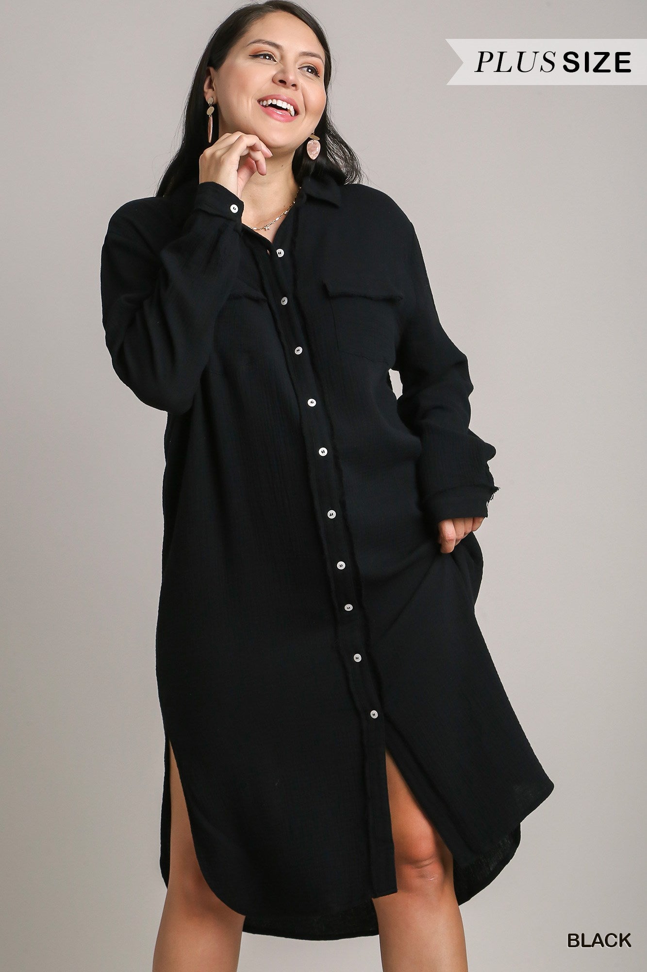 Umgee Plus Cotton Gauze Button Down Shirt Dress