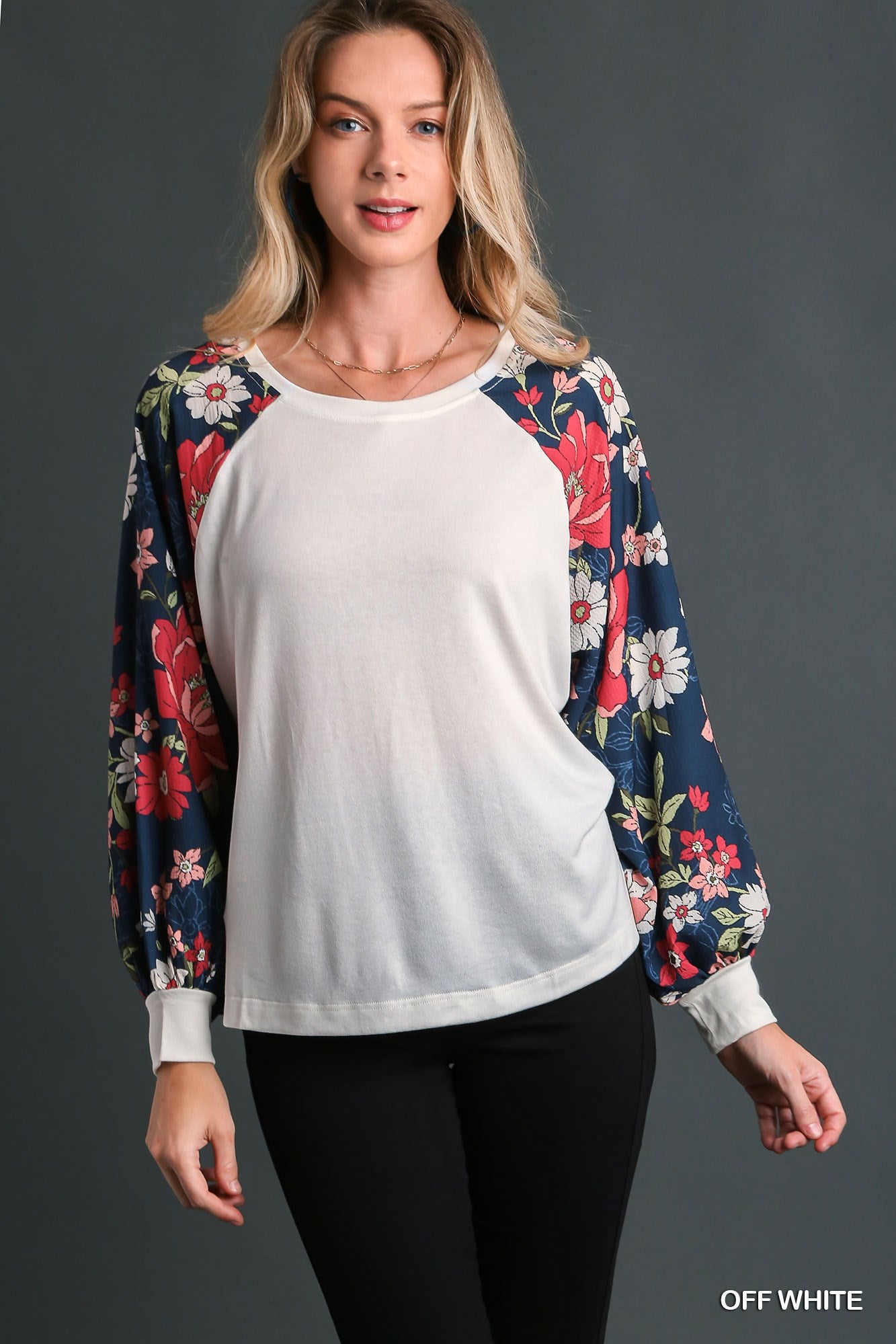 Umgee Mixed Print Long Sleeves Side Slits Round Neck Top - Roulhac Fashion Boutique