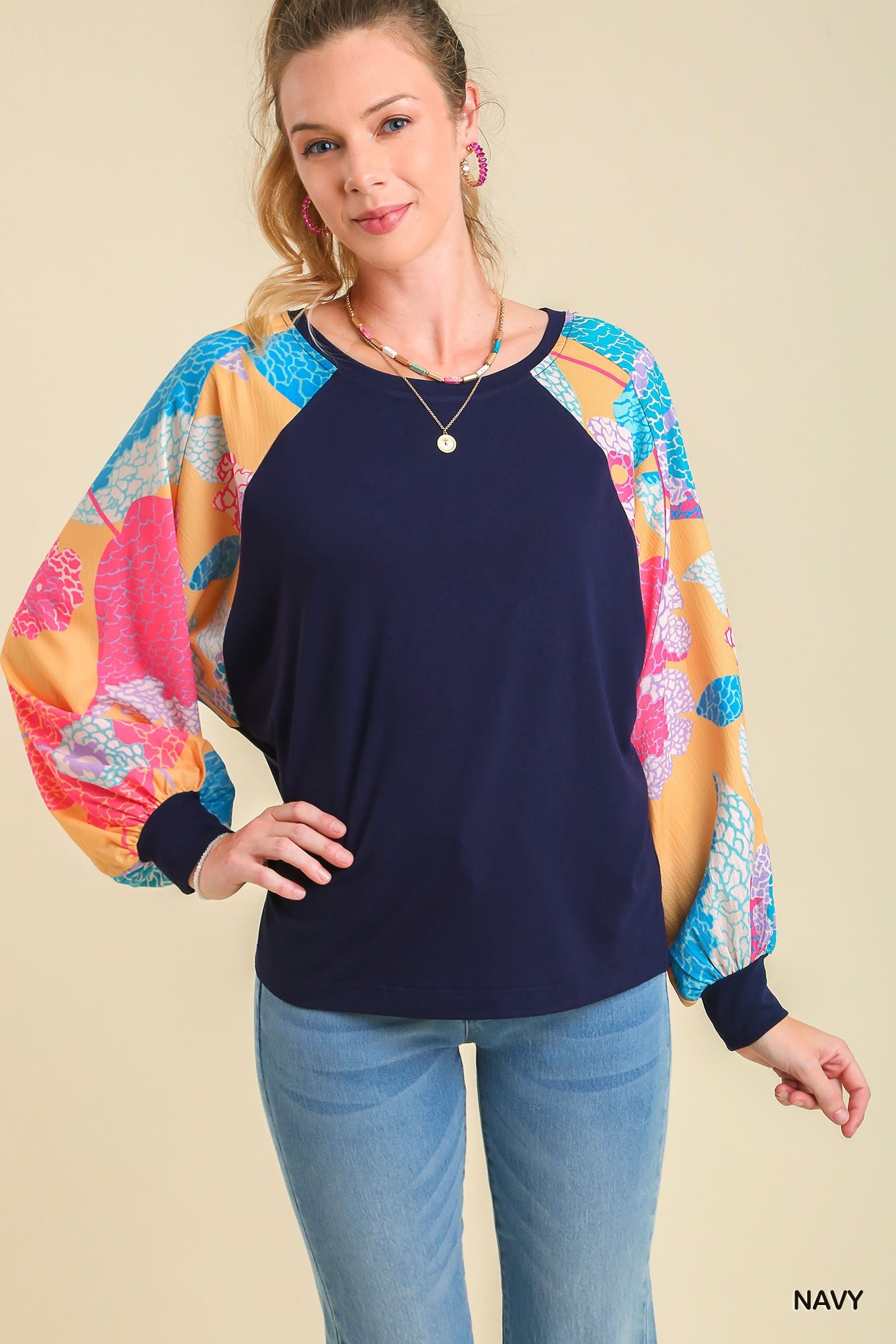 Umgee Mixed Print Long Sleeves Side Slits Round Neck Top