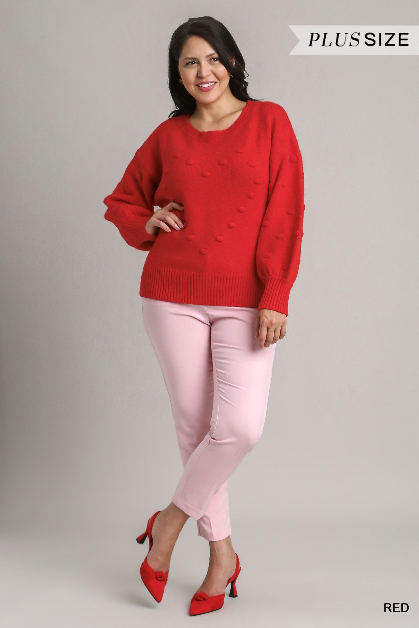 Umgee Plus Pom Pom Knit Pullover Sweater Top