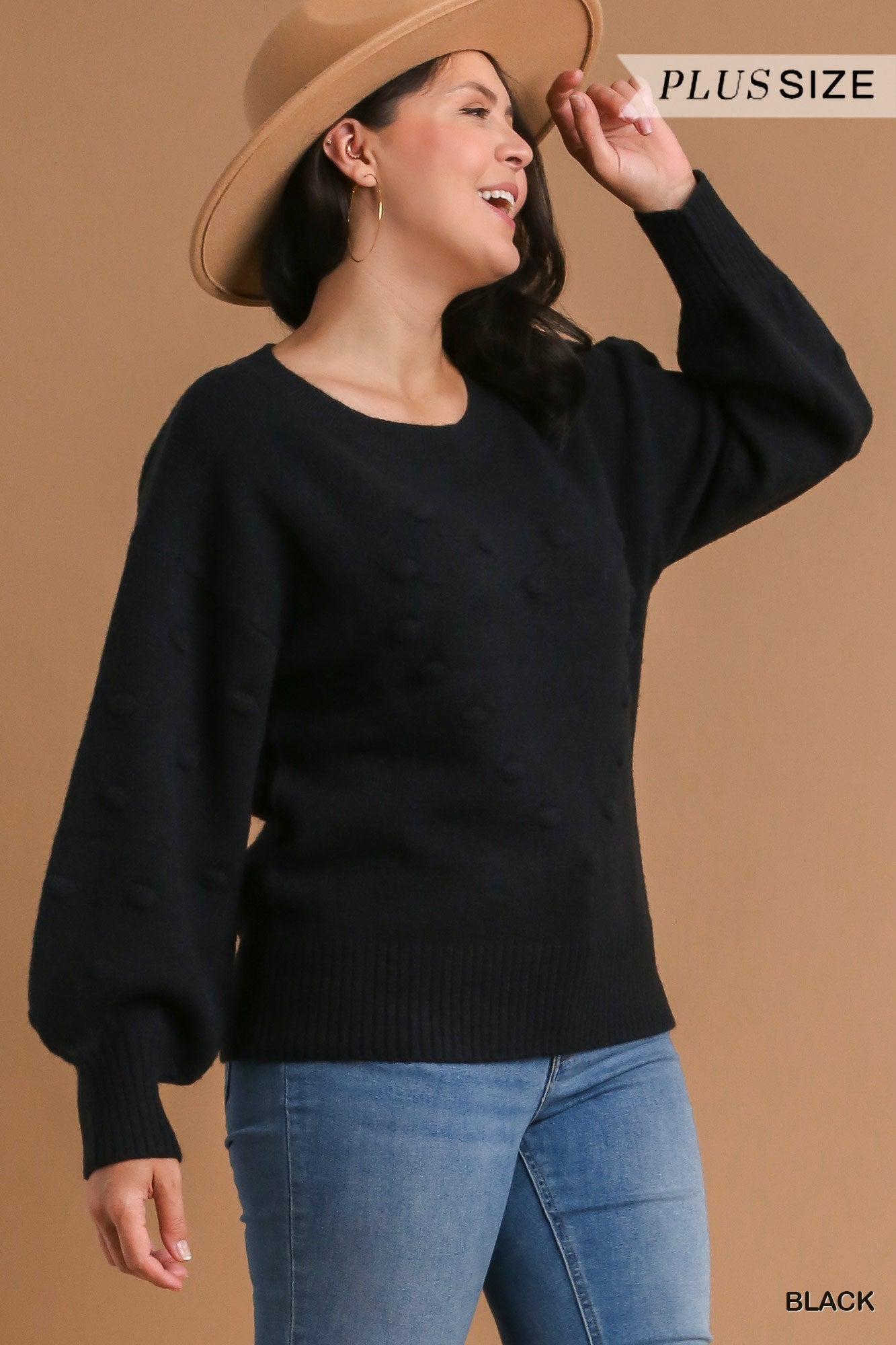 Umgee Plus Pom Pom Knit Pullover Sweater Top