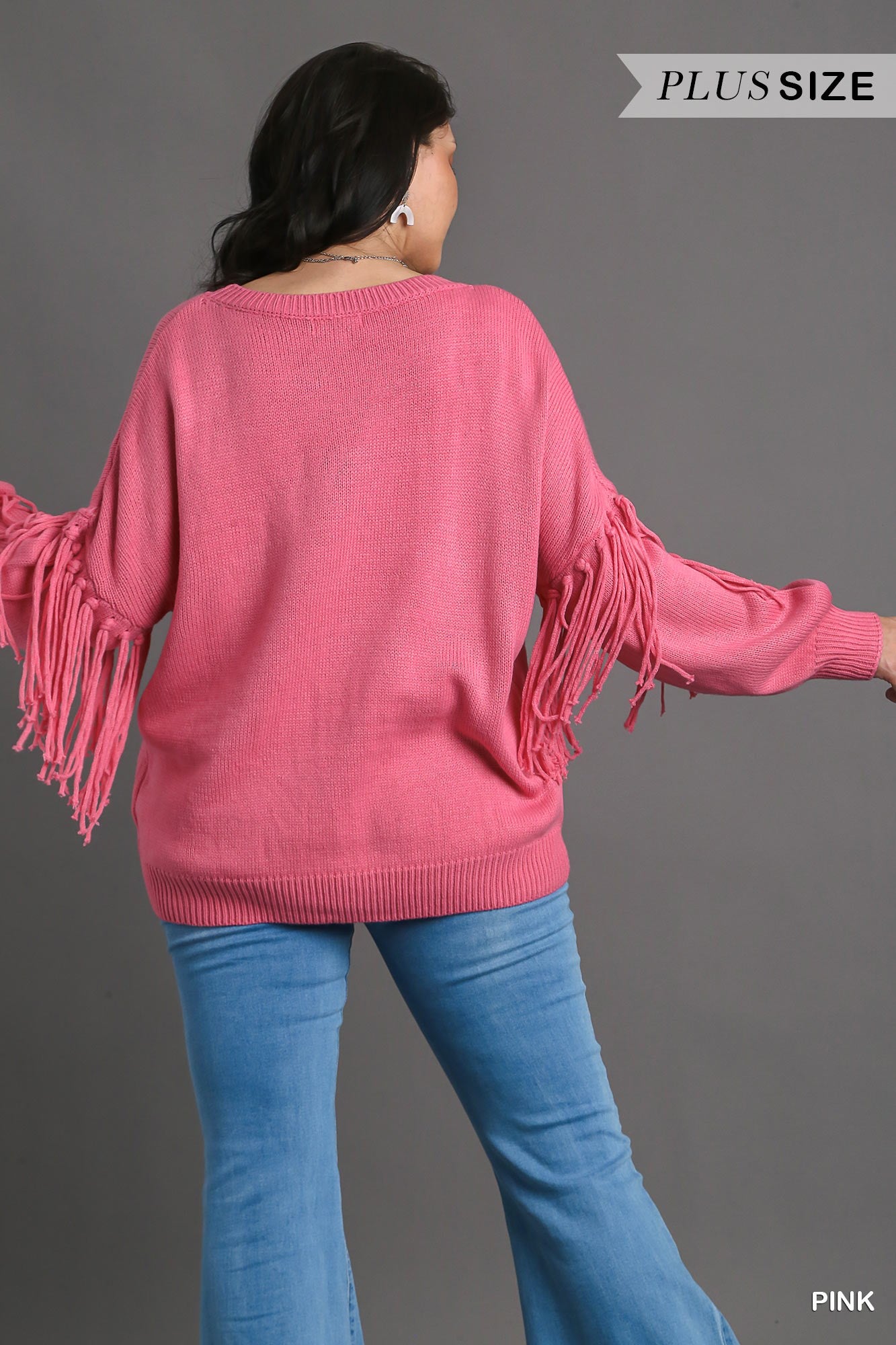 Umgee Plus Fringe Crew Neck Pullover Sweater Top