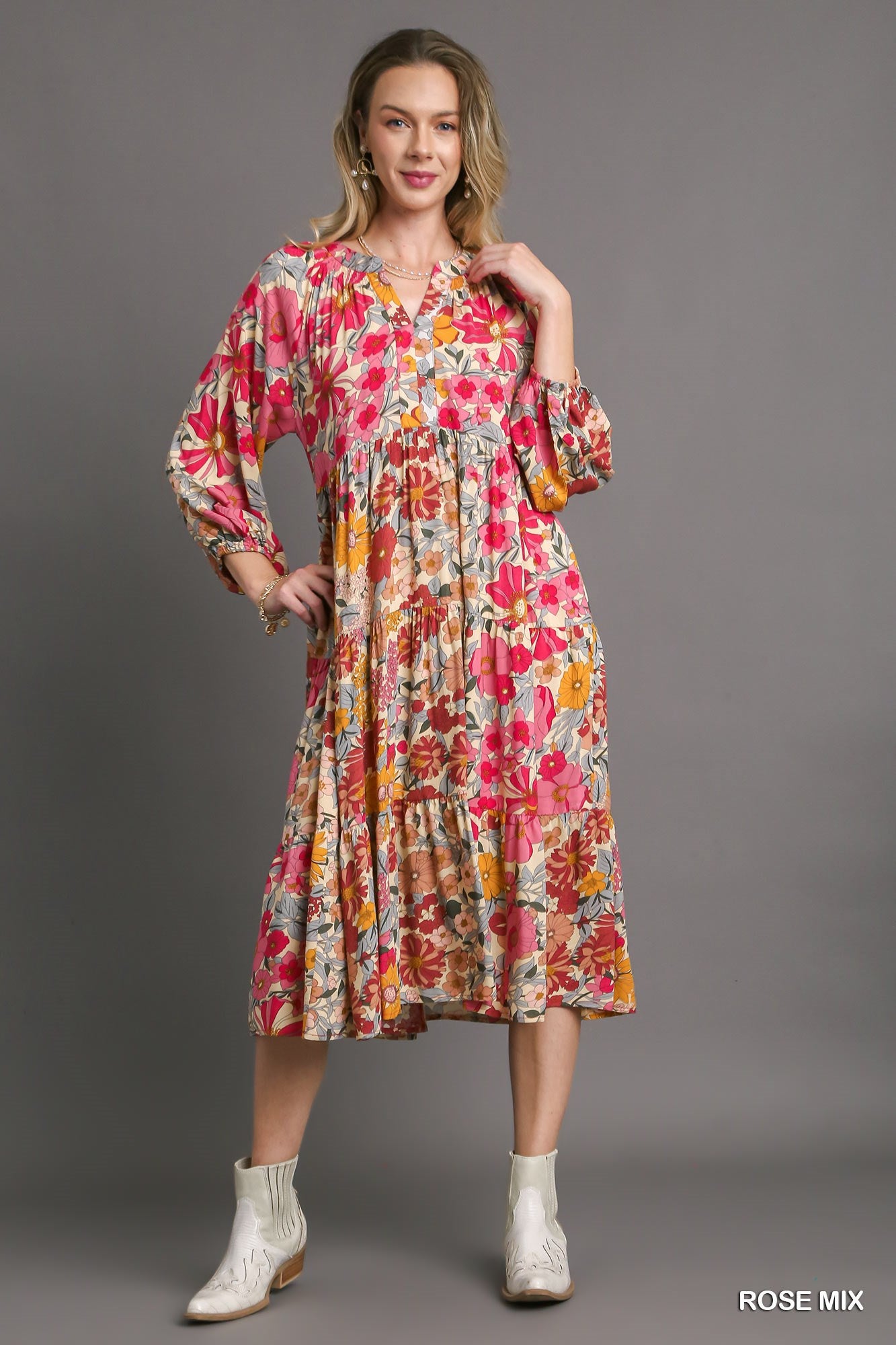 Umgee Mix Floral Printed Side Pockets Midi Dress - Roulhac Fashion Boutique