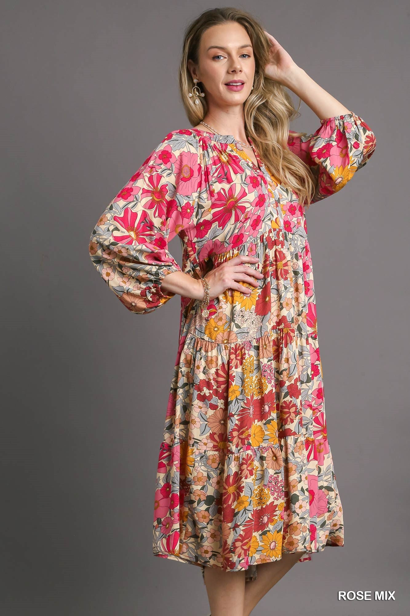 Umgee Mix Floral Printed Side Pockets Midi Dress - Roulhac Fashion Boutique