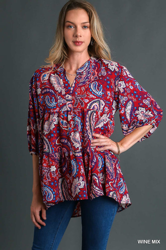 Umgee Mix Paisley Tiered Three Quarter Sleeve Baby Doll Top - Roulhac Fashion Boutique