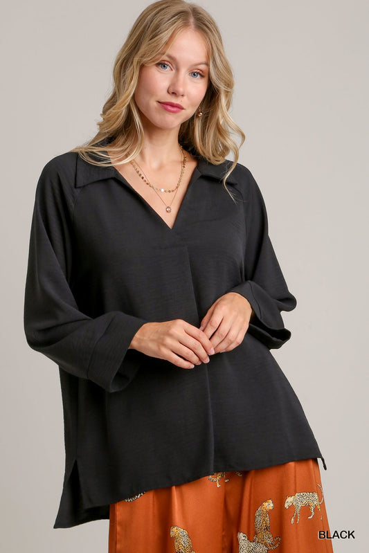 Umgee Collar High Low Hem Side Slits Top - Roulhac Fashion Boutique