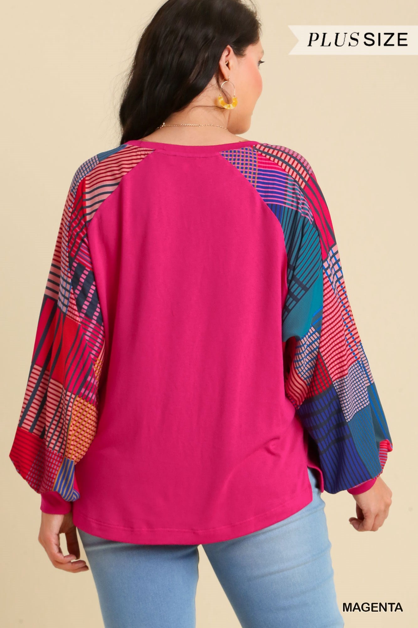 Umgee Plus Mixed Print Round Neck Long Sleeves Side Slits Top