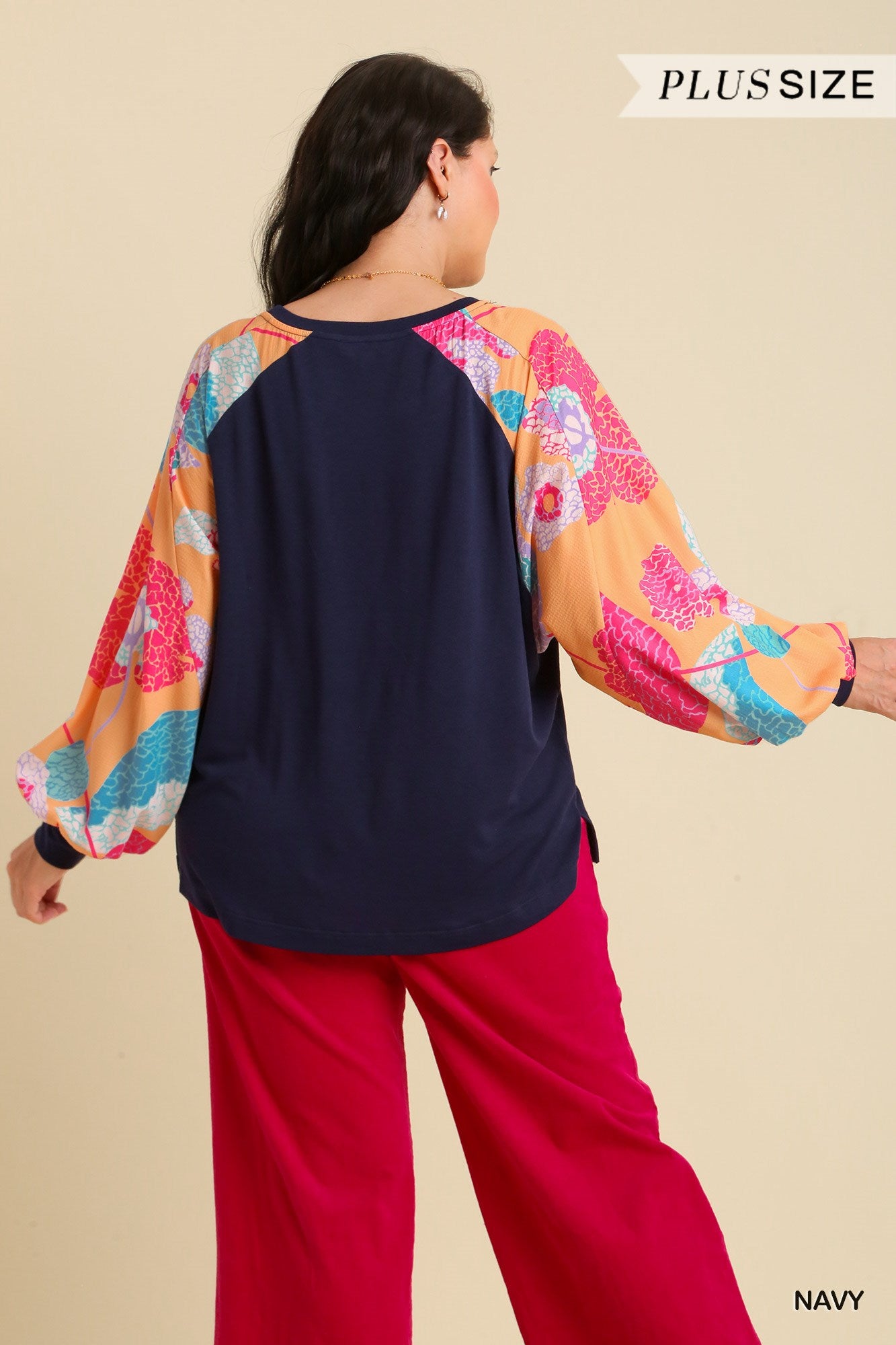 Umgee Plus Mixed Print Round Neck Long Sleeves Side Slits Top