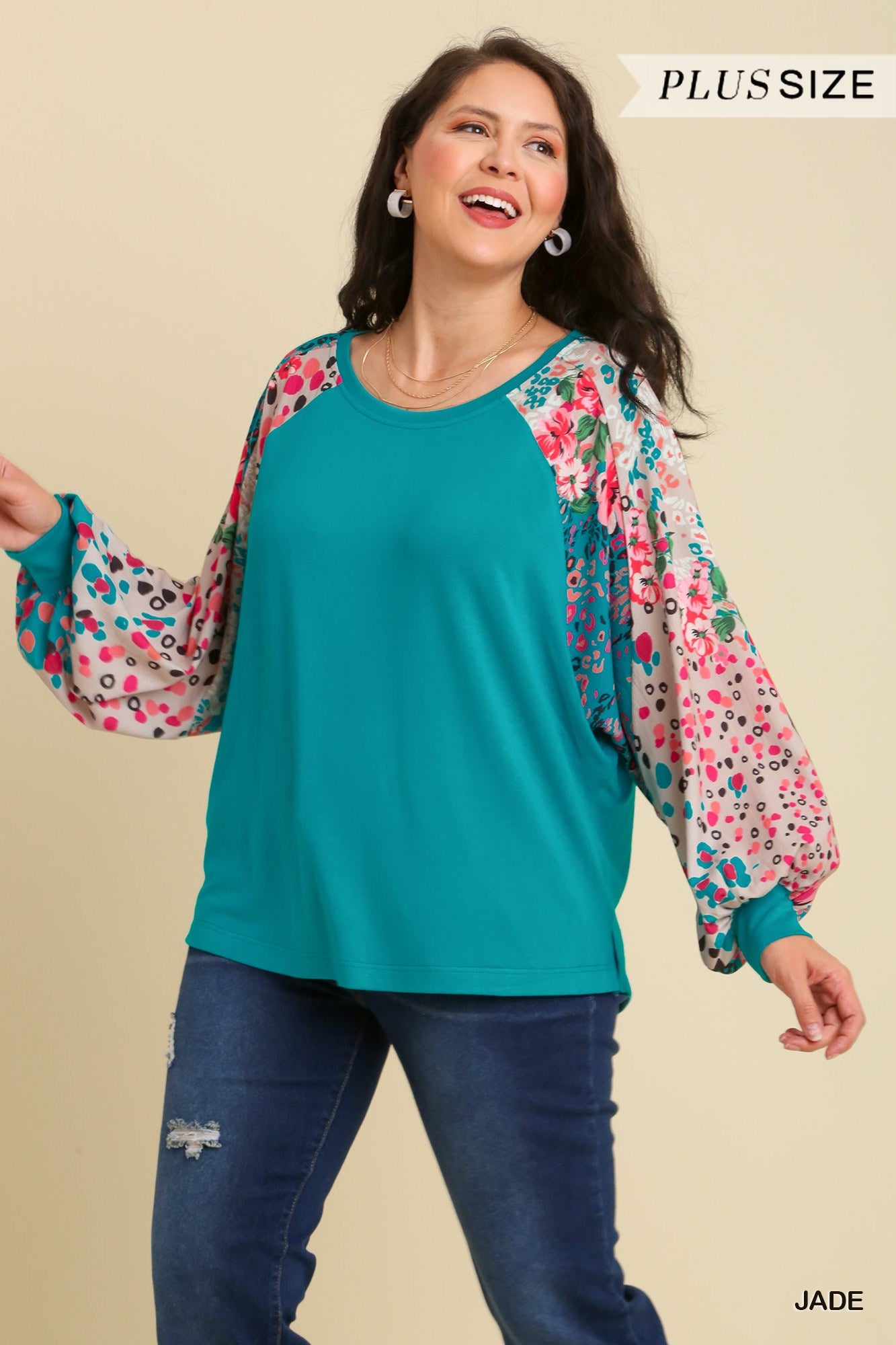 Umgee Plus Mixed Print Round Neck Long Sleeves Side Slits Top