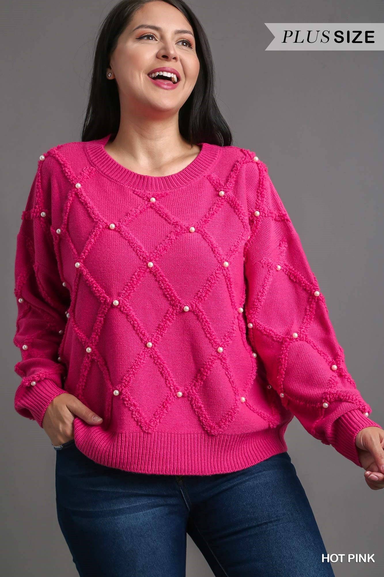 Umgee Plus Pearl Cable Knit Pullover Sweater Top